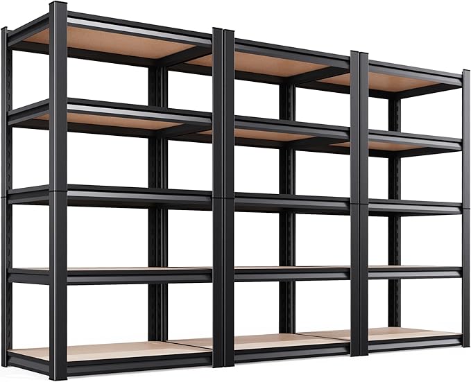 AOAORRG Set of 3 Garage Shelving Heavy Duty Storage Shelves, 5-Tier Metal Adjustable Shelving Unit, Utility Garage Organizer Shelf Rack for Basement, Pantry, Warehouse, 31.5"W x 13.8"D x 71.2"H, Black