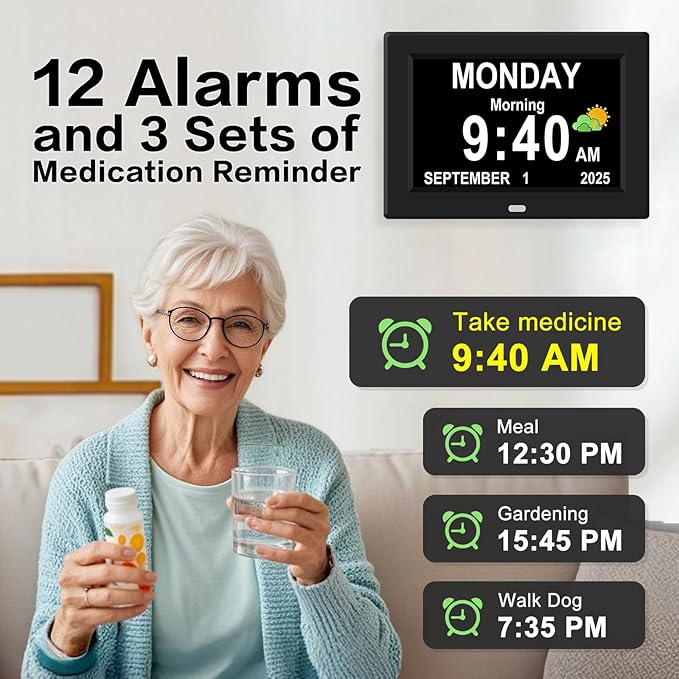 8‘’ Digital Calendar Day Clock, Gifts for People with Dementia Alzheimers, Large Display Alarms Clock for Seniors Electric Clocks with Date Day of Week 12 Alarms 4 Colors Auto DST/Dimmer