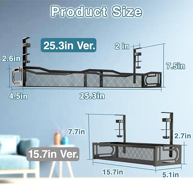 No Drill Under Desk Cable Management Tray, SONATURE 25.3" Cord Organizer for Table, Clamp Mount Desk Cable Management, Premium Carbon Steel Cable Organizer for Office, Home (Black)