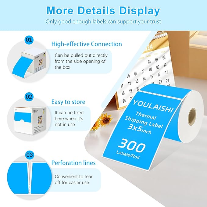 YOULAISHI 3 X 5 Inch Printable Rectangle Color Coding Labels, 300 Per Roll Adhesive Color Coding Stickers for Bar-Codes, Address, Small Business Labeling, Inventory, Fluorescent Blue