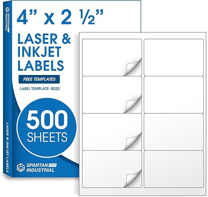 4" X 2 1/2" Printable Shipping Address Labels Compatible with Inkjet and Laser Printers - 500 Sheets, 4000 Total Matte White Paper Stickers for Mailing - Spartan Industrial Template R020