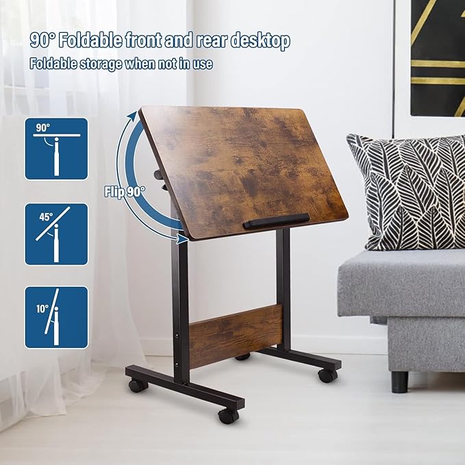 KOUPA Height Adjustable Standing Desk,widths16 in Length 31 in, Portable Rolling Mobile Stand Up Table with Wheels, 360 Degree Flip Laptop Computer Desk for Home Office, Rustic Brown