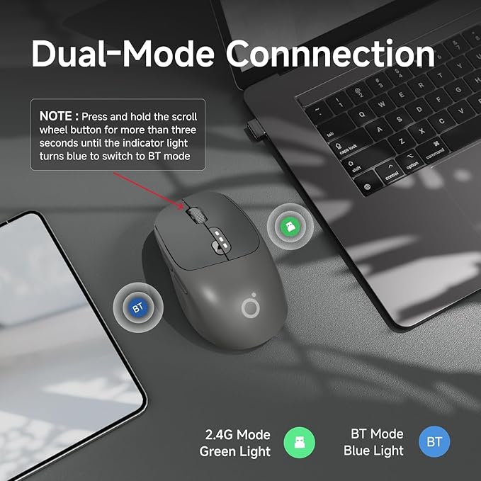 EWEADN Q5 Wireless Mouse, Bluetooth & 2.4G Quiet Computer Mouses with 1600 DPI, Battery Level Display, Ergonomic Office Mouse,6 Button Portable Cute Cordless Mice for Laptop/PC/Mac- Black