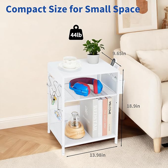 Small Under Desk Storage, White Printer Stand with Storage Shelf, 3-Tier Height Adjustable Printer Table with Basket & 3 Hooks for Home Office Fax Machine Scanner Files