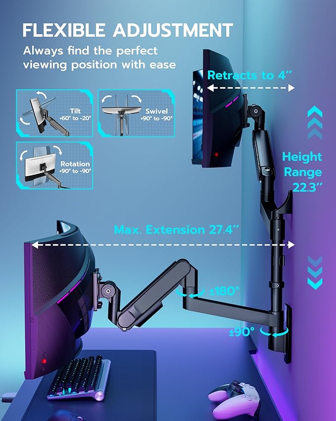 ARES WING Dual Monitor Wall Mount for 24-57 Inch Ultrawide Screens, Premium Heavy Duty Monitor Arm Holds 60 lbs, Full Motion Gas Spring, Bearing Head for Easy Adjustment, 75/100 VESA Mount, Black