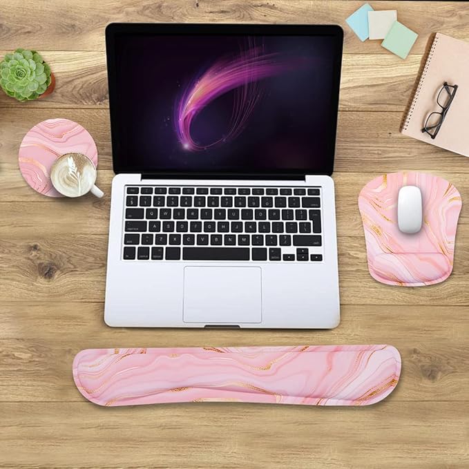Memory Foam Ergonomic Keyboard Wrist Rest Pad and Mouse Wrist Rest Support Mouse Pad Set for Office Gaming Easy Typing-Pink Fluid