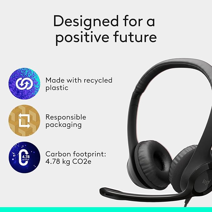 Logitech H390 Wired Headphones with Mic, USB-A Headset with Microphone for PC, Noise Cancelling Microphone for Video Meetings, Music, Gaming - Black