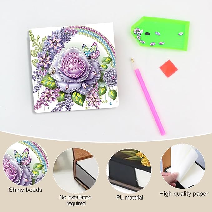Flower Diamond Painting Note Box Memo Pad Holder, Rose Diamond Art Sticky Notes Organizer for Desk, Aesthetic Stationery Storage Case for Office,School Supplies (Rose)