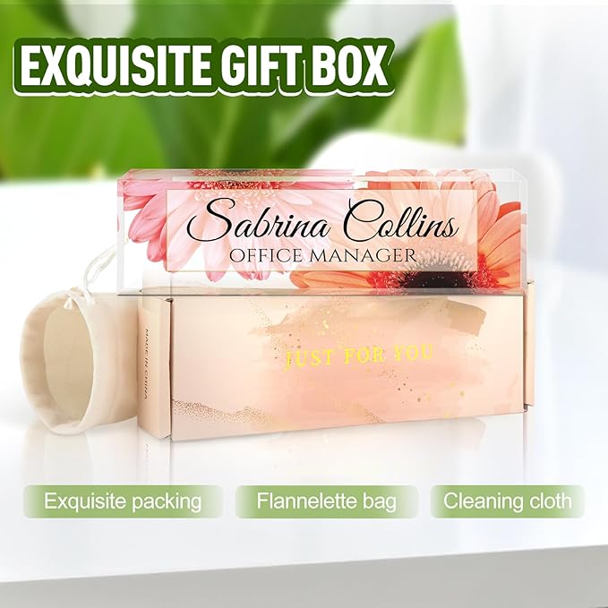 Name Plate for Desk, Desk Name Plate Personalized, Office Decor for Women Men, Acrylic Desktop Accessories, Office Appreciation Gifts for Boss Social Workers Nurse Teacher Employee (Sunflowers A)