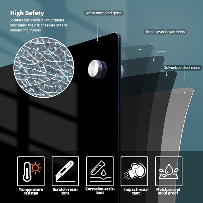 Magnetic Glass Dry Erase Board White Board Wall Mounted Whiteboard, Large Frameless Writing Board Black Glassboard, 60" W x 36" H