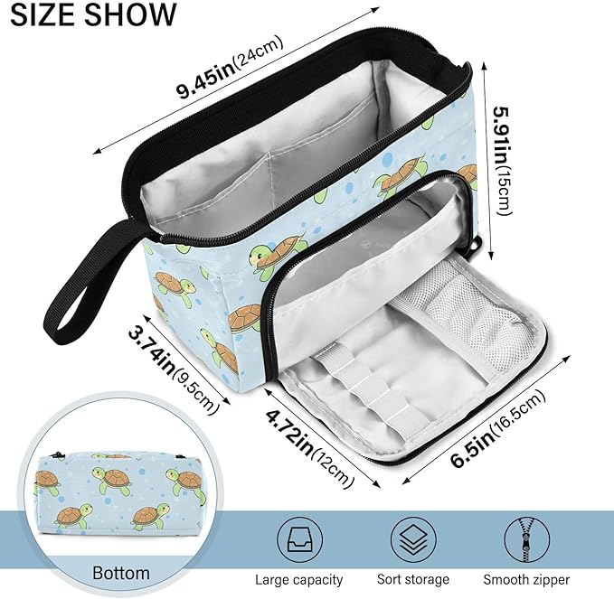 Cartoon Turtles Blue Pencil Case Pouch Big Capacity Pencil Bag Box Organizer Pen Case with Compartmens Stationery Organizer for Teen Girls Boy College Women School