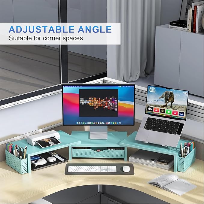 gianotter Dual Monitor Stand Riser, Desk Organizer With Drawer and 2 Pen Holders, Monitor Stand for Desk, Office Decor Essentials (Blue)