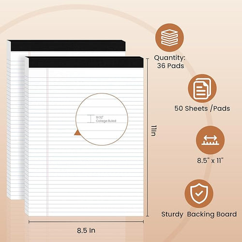36Packs Legal Pads 8.5 x 11 Inch, 50Sheets/Pack, College Ruled & Perforated White Writing Pads, Pads of Paper 8.5 x 11, Lined Note Pads with Sturdy Backing for Office, Business & School Supplies
