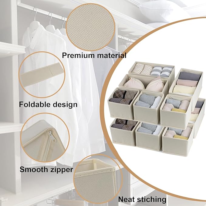 Drawer Organizer Clothes, Foldable Fabric Dresser Organizer Closet Organizers and Storage Box for Underwear,Folded Clothes,Baby Clothing,Socks,Bra,Towels,Ties(6M+6S,Beige)