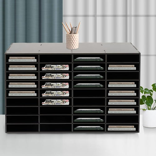 36 Slots Literature Organizer, Desktop Paper & Mail File Sorter for Classroom/Office/Home, PVC File Storage Cabinet with Adjustable Compartments, Multi-Purpose Mail Center (Black-36 Compartments)
