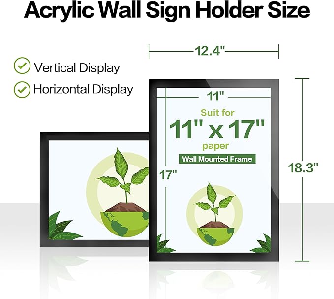 Acrylic Magnetic Sign Holder Wall Mount, Self Adhesive Magnetic Display Frame with Nano Tape and Strong Magnetic Border for Wall, Door, Glass, Home, Store, Office (Black, 11" x 17" / 10 Pack)