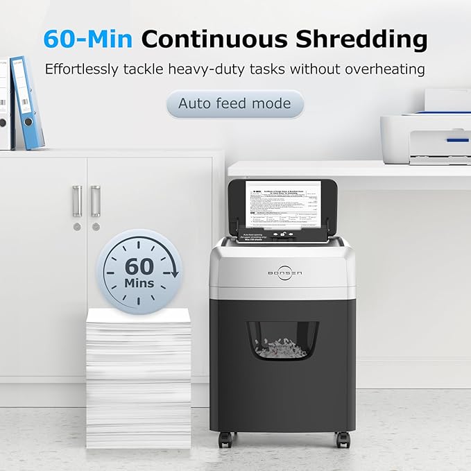 BONSEN 150-Sheet Autofeed Paper Shredder for Office, 60 Mins Heavy Duty Micro-Cut Shredders for Home Office Use, P-4 High Security Commercial Document Shredder with 6 Gal Large Capacity Bin (S3114)