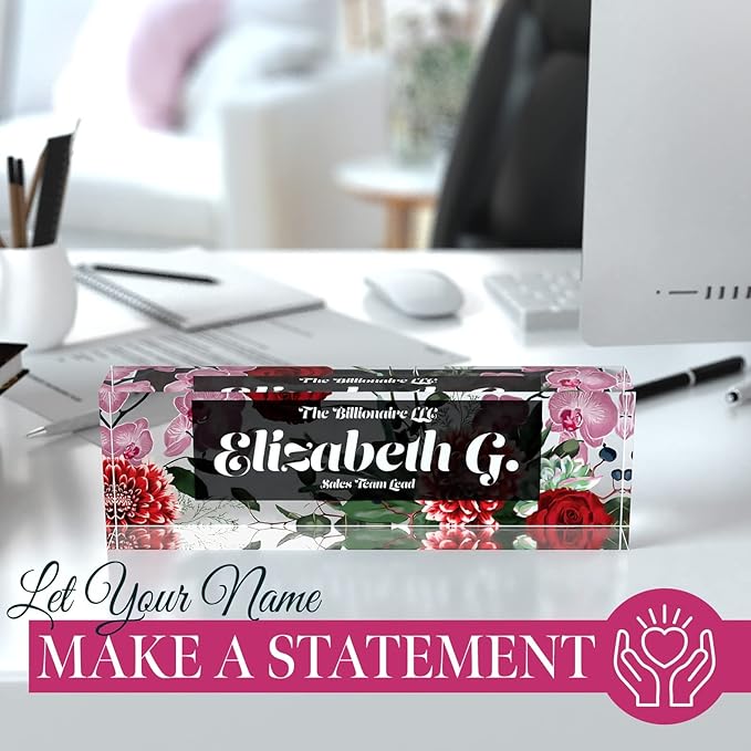 Desk Name Plate Personalized, Custom Name Plates, 2½/x8 Inches, Thick Crystal-Clear Acrylic, Gift Box, Office Desk Decor. USA Made by ACRYLUXE (Spring)