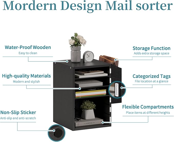 Literature Organization Paper Storage Slot, Office Desk File Organizer, Desktop Wood Mailbox For Teacher Classroom, 6 Tier Adjustable Countertop Mail Sorter, Mailboxes With Name Slots, Black