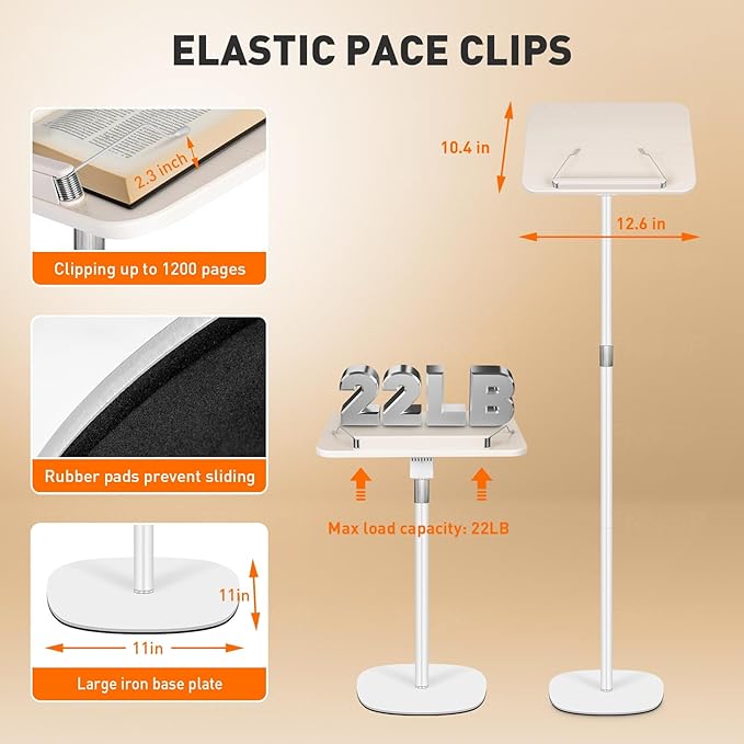 Floor Standing Book Stand, Foldable Book Holder for Reading with Page Clips, 19"–51" Height Adjustable, Sturdy Podium Stand for Reading, Bible, Laptop, Cookbooks, or Projector