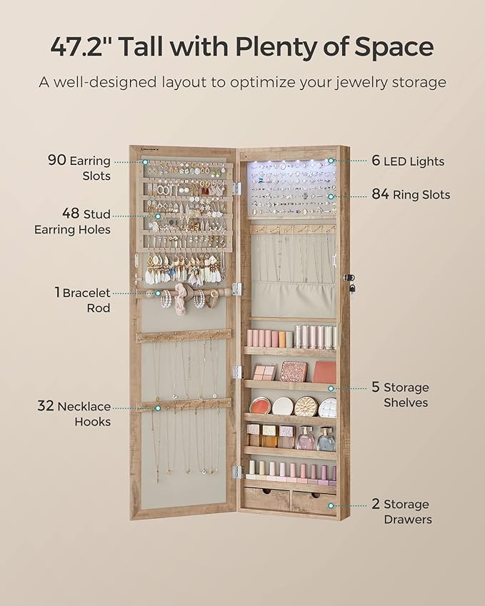 SONGMICS 6 LEDs Mirror Jewelry Cabinet, 47.2-Inch Tall Lockable Wall or Door Mounted Jewelry Armoire Organizer with Mirror, 2 Drawers, 3.9 x 14.6 x 47.2 Inches, Toasted Oak Color UJJC093N01