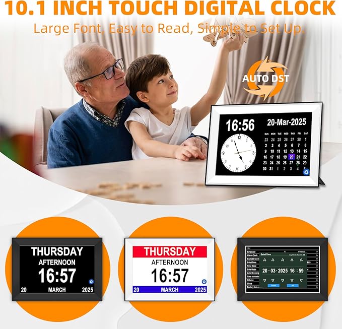 10.1" Easy to Use Touch Screen Digital Clock with 64 Sets of Custom Alarm Clocks,3 Ringtone Options,Dementia Clock with Day and Date of Week,Clock for Seniors, Auto DST,Gfits (White)