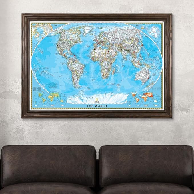 Canvas Classic World Map Pin Board – Framed Travel Map with Pins for Wall – Personalized Push Pin World Map for Tracking Journeys – 27.5" x 39.5" Solid Wood Brown Frame