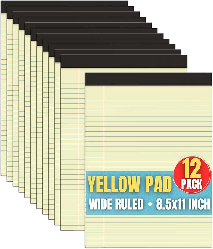 1InTheOffice Yellow Legal pads 8.5 x 11, Perforated Wide Ruled Writing Pads, Yellow Legal Pads 50 Sheets per Notepads, 12/Pack