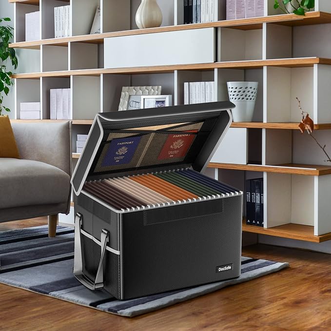 DocSafe File Box Fireproof File Storage Organizer with Lid,Collapsible Document Storage Filing Case for Hanging Letter/Legal Folders,Portable Home Office Safe Cabinet with Handle,Black,2 Pack