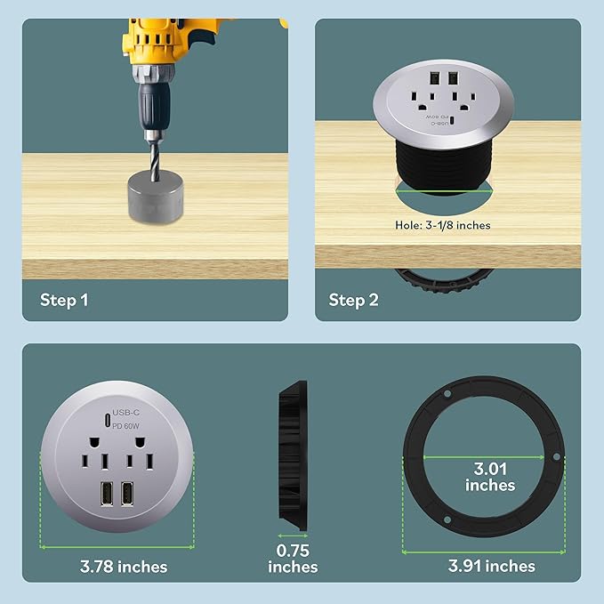TOPGREENER Desktop Power Grommet with 65W PD for MacBook, GaN Desk Grommet with 1 Fast Charging USB-C Port, 2 USB-A Ports and Duplex Receptacles, TTRP48APD60-SV, Silver