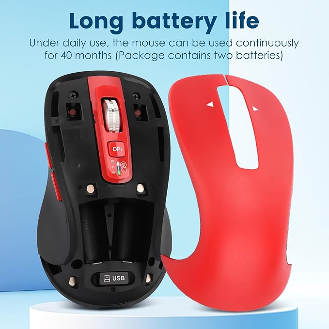Wireless Bluetooth Mouse (USB + BT1 + BT2), Full Size, 4-Way Scrolling, Multi-Device Silent Mouse for Computer, Laptop, iPad, MacBook (Red)