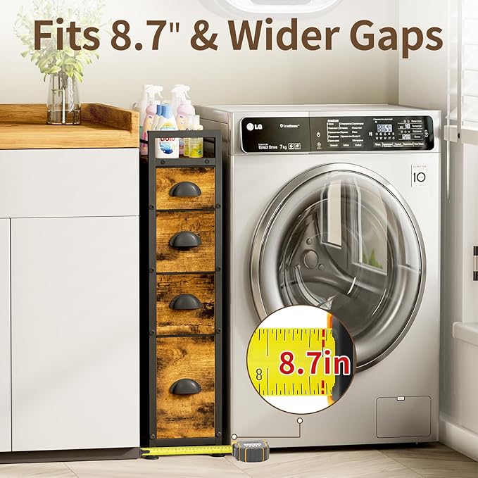 LASZOLA 4 Drawer Narrow Dresser Slim Cabinet Skinny Storage Tower Chest, Ideal for Small Spaces Bathroom Bedroom, Between Washer and Dryer, Lightweight Mobile on Wheels, Sturdy Fabric Drawers, Brown