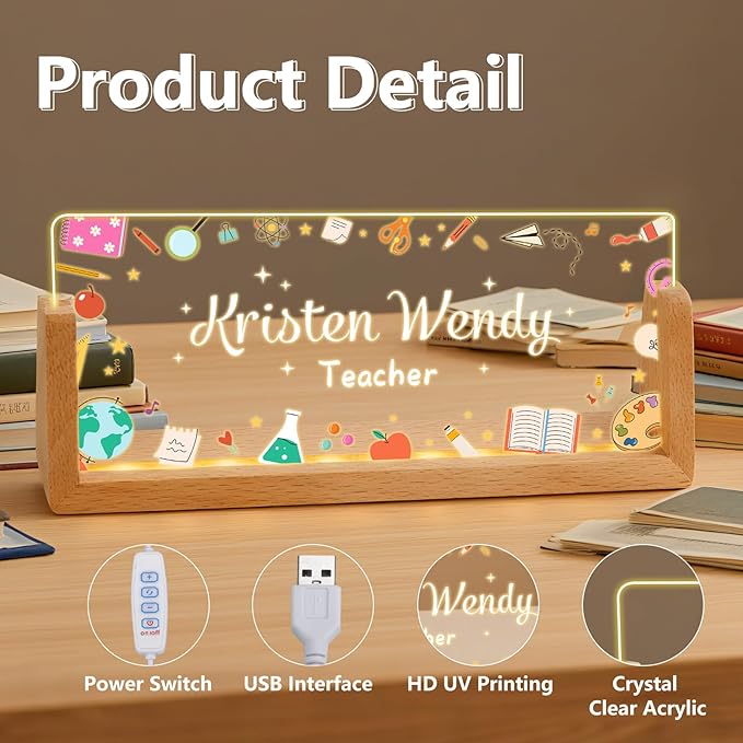 Ships Next Day, Personalized Teacher Name Plate for Office Desk - Teacher desk must haves, Custom Light Up Acrylic Desk Name Plate Teacher Appreciation Gifts, The Office Gifts for Teacher Office Decor
