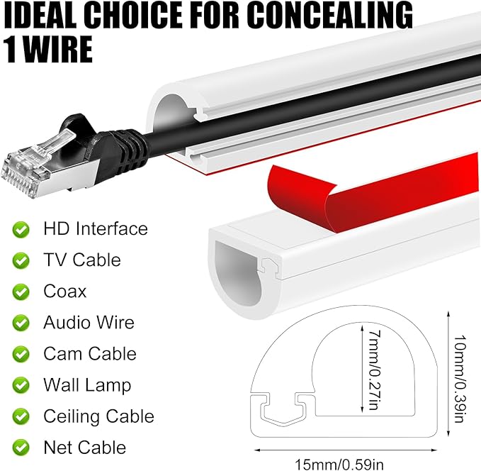 Self-Adhesive Cable Hider, Flexible Wire Cover Cable Raceway for Wires, Wall Mount TV, Home Audio, Network, Power, and Phone Line Managemen (White, 157inch)
