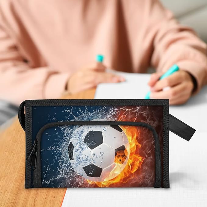 Pardick Large Capacity Pencil Case Pouch, Water Fire Soccer Portable Zipper Pencil Cases Pencil Bag Office Stationery Bag Makeup Bag Desk Organizer for Women Men