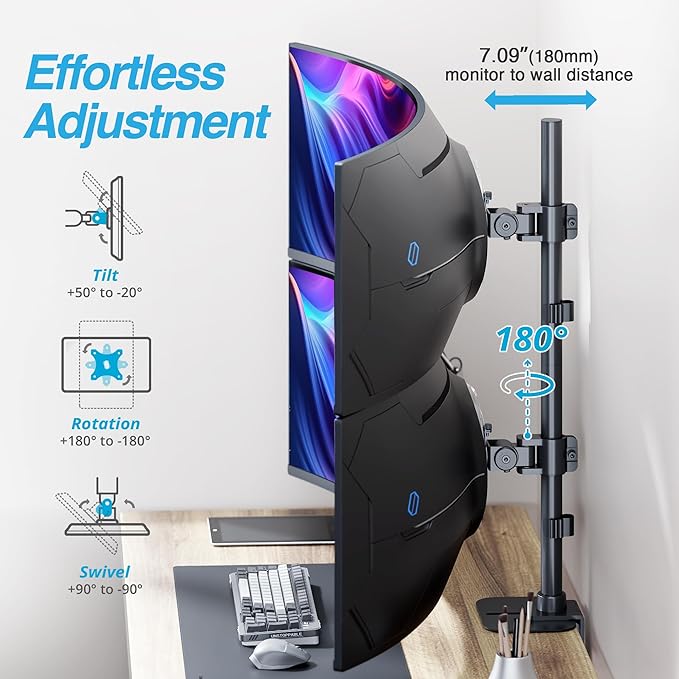 AVLT Dual 49 Inch Stacking Monitor Pole Mount - Stack 44 lbs Super Ultrawide Screens on Heavy-Duty Pole, Height Tilt Swivel Rotate Adjustment, C-clamp and Grommet Mounting Base, VESA Compatible