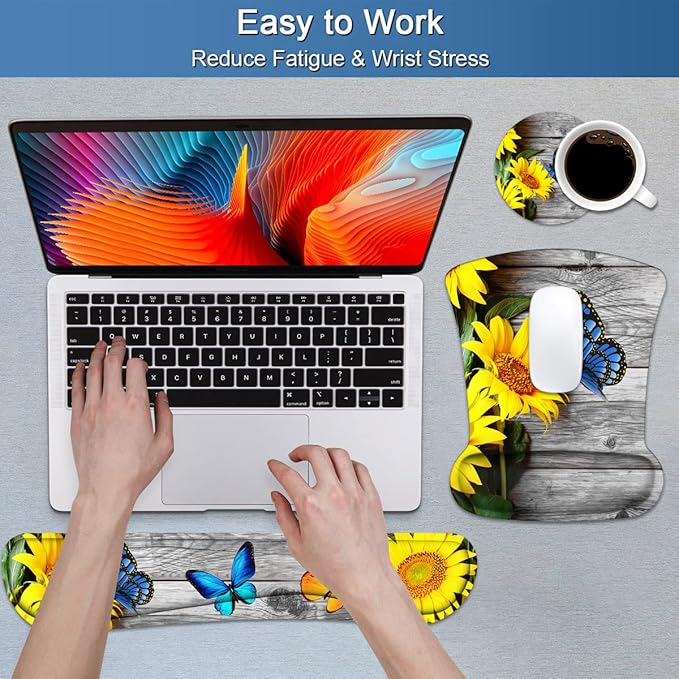 Keyboard Wrist Rest and Mouse Pad Wrist Support Set with Coasters, Non-Slip PU Base Ergonomic Gaming Mousepad for Home Office Working Studying Easy Typing & Pain Relief - Sunflower and Butterfly
