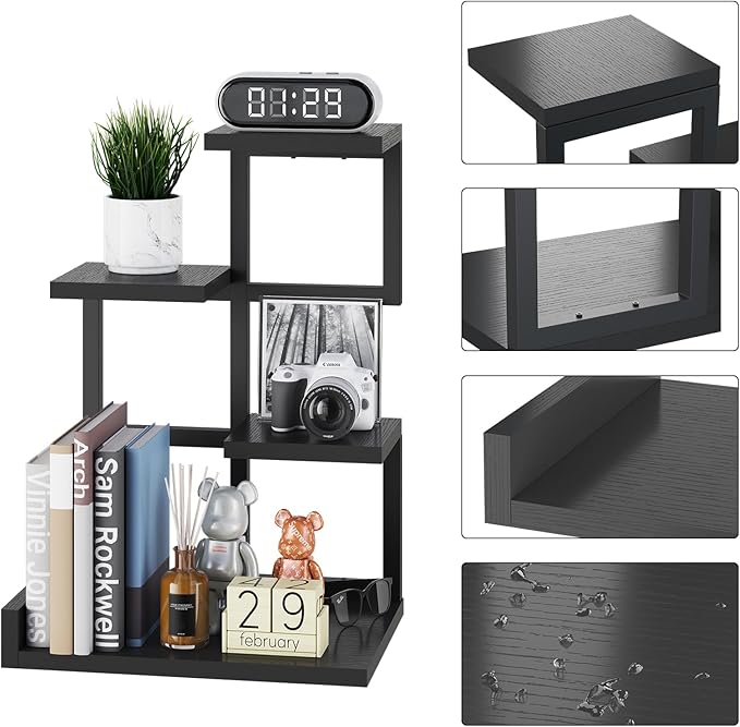 YMYNY Desktop Shelf Organizer, 4 Tier Storage Display Rack, Desk Shelf Organizer Small Bookshelf with Metal Frame for Office, Books, Plants, 12.2" x 9.45" x 17.52", Black UHSR007B