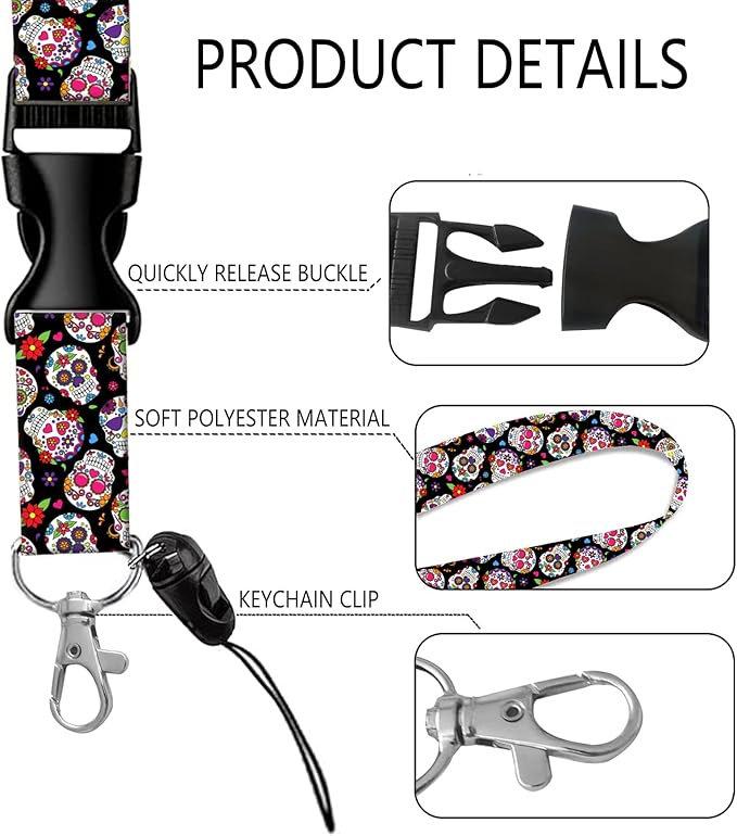BLOCIT ID Badge Holder with Lanyard - Fashionable ID Card Holders with Retractable Lanyards - Soft Fiber Metal Clip Sturdy Buckle for Key Wallet - Work Nurse Teacher (Skull Skeleton Floral)