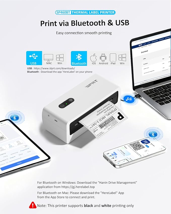 iDPRT Bluetooth Thermal Shipping Label Printer, 4x6 Wireless High-Speed Label Maker for Small Business, Compatible with Android, iPhone, Windows & Mac for Amazon, Ebay, Shopify, USPS, SP460BT