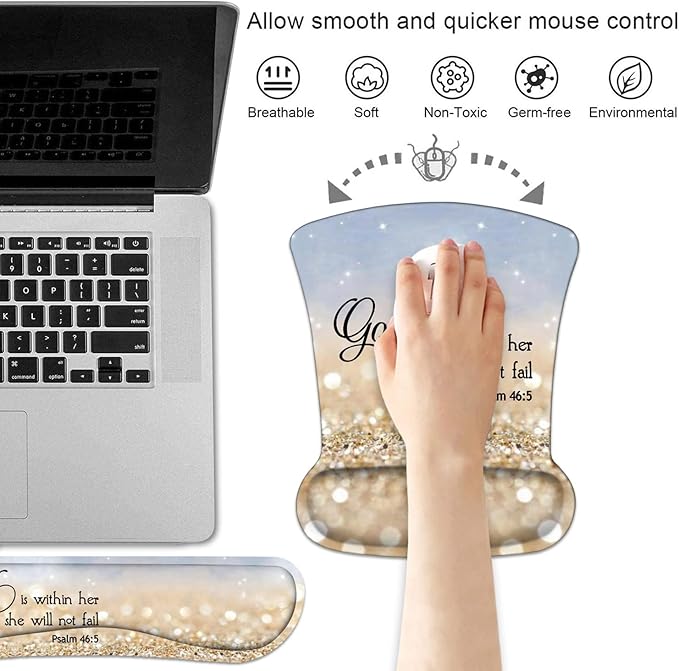 Keyboard Wrist Rest and Mouse Pad Wrist Support Set with Cute Coasters, Non-Slip PU Base Ergonomic Gaming Mousepad for Home Office Working Studying Easy Typing & Pain Relief, Bible Verses Psalm 46:5