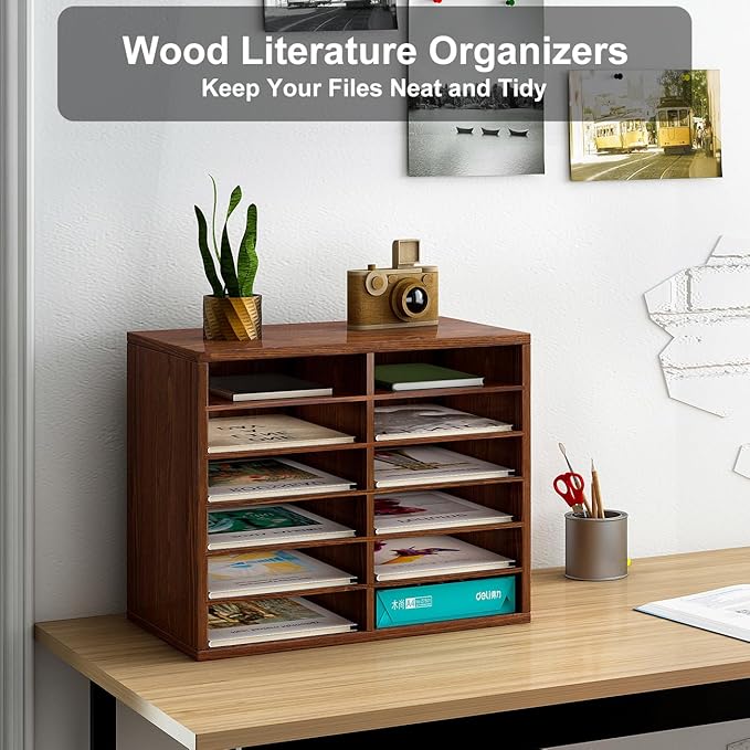 PAG Countertop Mail Sorter Organizer, Wooden Literature Organizer, Student Mailbox for Classroom, Desktop Bill Organizer for Office Home School, 12 Compartments, Brown