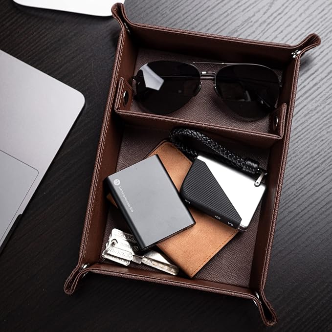 BONNY DODO Valet Tray for Men PU Leather Tray Organizer with Partition, Storage Keys, Watch & Practical Storage for Table Nightstand Living Room Bedroom (Dark Brown)