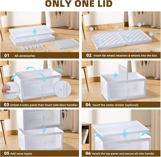 FINCHESCLUB 568QT Large Stackable Storage Bins with Lids, 141Gal Foldable Storage Bins with Doors and Wheels, Collapsible Closet Organizers for Home Office, 3 Pack - White