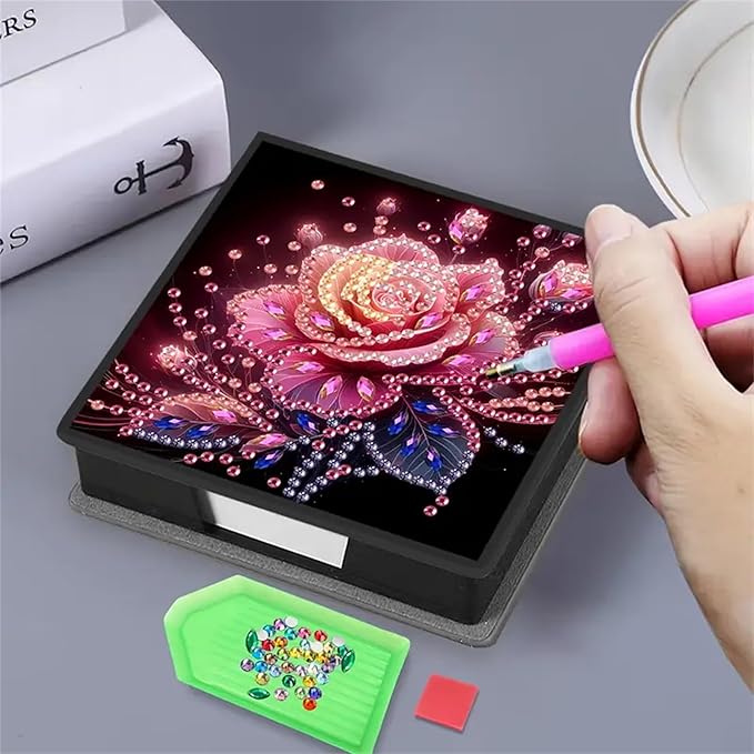 Flower Diamond Painting Kit Note Box,Memo Paper Storage Box Diamonds Art,Sticky Note Holder Diamond Art,Diamond Painting Memo Pad for Office Desk. (Flower)