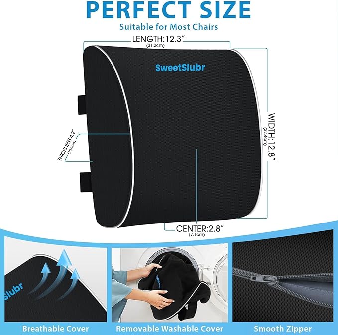 Lumbar Support Pillow for Office Chair & Car Seat, Ergonomic Memory Foam Back Support for Lower Back Pain Relief, Double Adjustable Straps, Breathable Washable Cover, Black