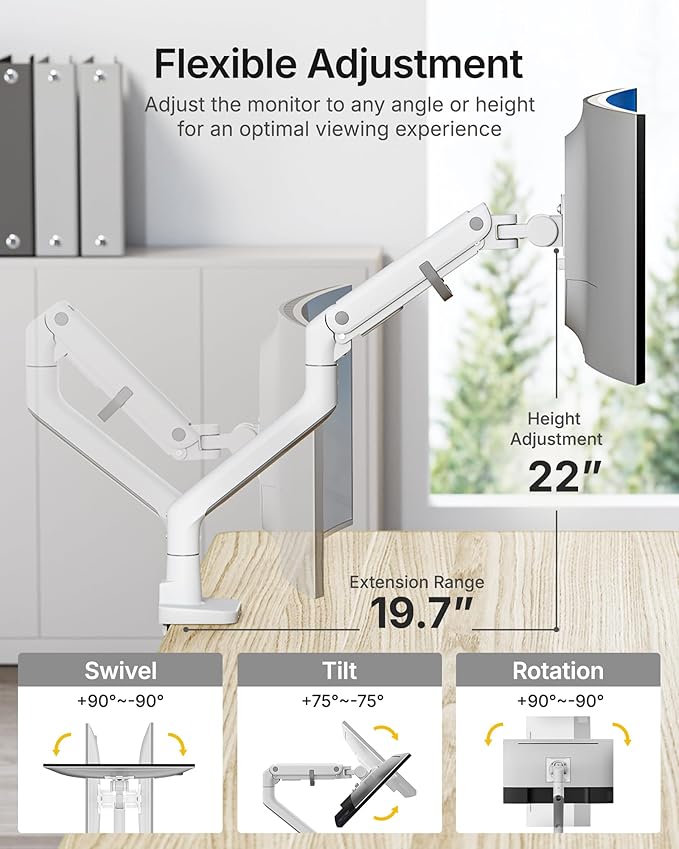 monTEK Single Monitor Arm with USB A/C, Ultrawide Monitor Stand for 17 to 57 Inch Curved Screen, Holds 59.4 lbs, Adjustable Gas Spring Arm, 75/100 VESA Mount, Clamp & Grommet Desk Mount, White