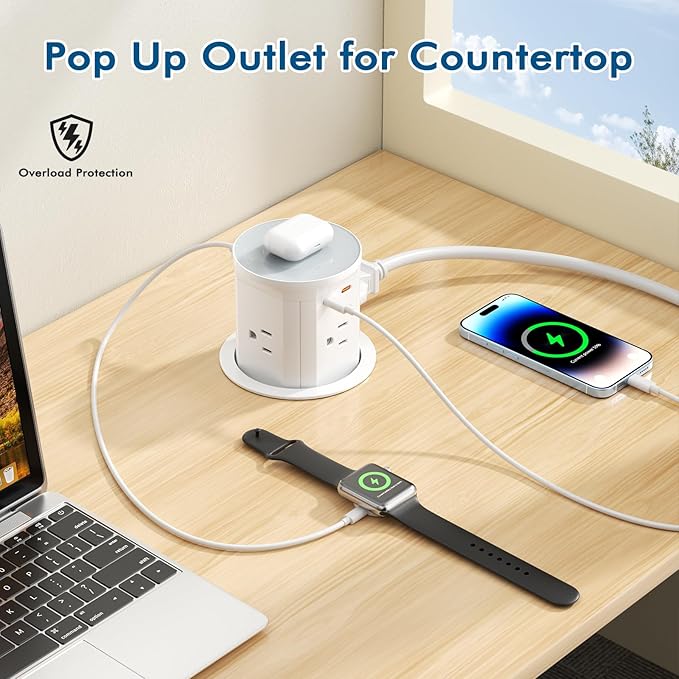 BTU Pop Up Outlet for Countertop with 15W Wireless Charger, 20W USB C Fast Charging & 4 AC Outlet, 3 1/2” Hole Desk Charging Station Pop Out Outlet for Office, Conference, Kitchen Use
