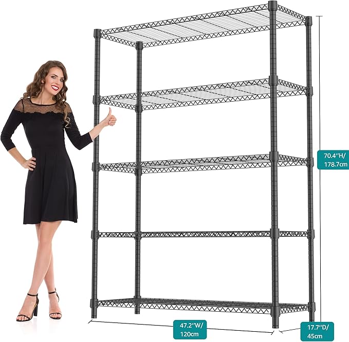 5 Tiers Shelf 1750 lbs Steel Storage Shelving Utility Shelving Unit Steel Organizer Wire Rack for Home,Kitchen,Office,Garage Black 17.7" D x 47.2" W x 72.4" H