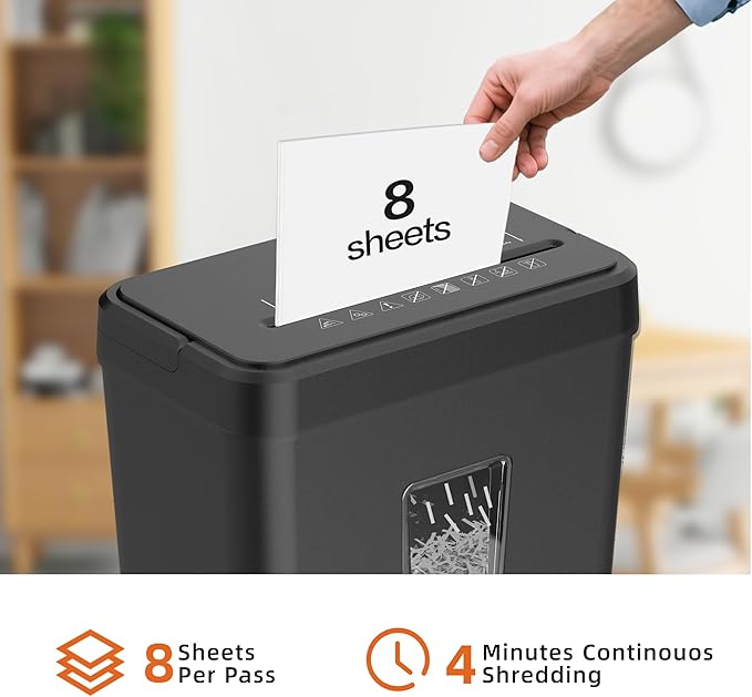 8-Sheet Cross Cut Paper Shredder P-4 Security with 4.2 Gal Bin & Portable Handle, Credit Card/Staple/Clip Shredder for Home Office Use